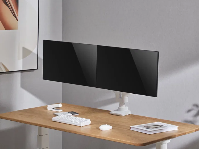 Equip 650183 Soporte de Mesa para 2 Monitores (17-35") con Resorte de Gas, VESA 100x100, Carga 20kg/Pantalla, Color Blanco