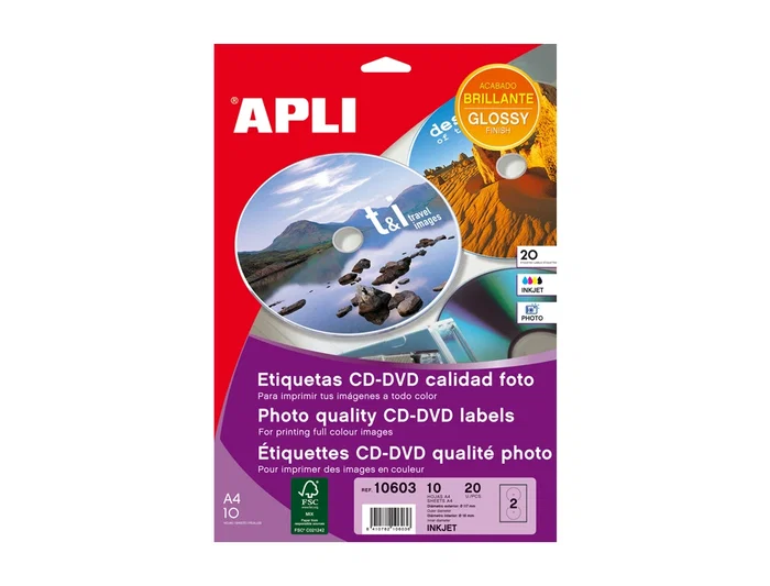 Apli Etiqueta Adhesiva 10603 Tamaño CD-ROM 117 mm para Fotocopiadora Laser Ink-Jet Caja 10 Hojas/20 Etiquetas