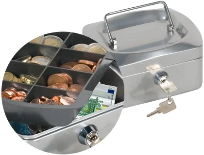 Q-connect Caja caudales 152x115x80 mm plata con portamonedas y clasificador de monedas