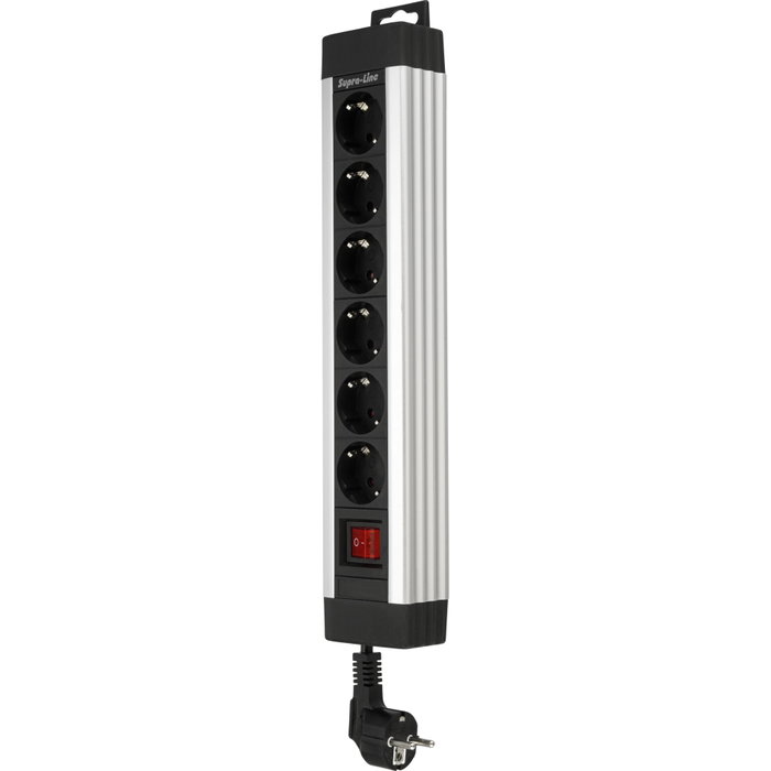 Rev Regleta Supraline de 6 tomas con interruptor, 2,4m, plata Rev Regleta Supraline de 6 tomas con interruptor, 2,4m, plata