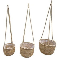DKD Home Decor Set de 3 Maceteros de Seagrass y Plástico Natural