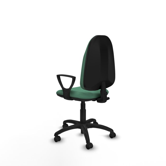 Silla de oficina Algarra con mecanismo Contacto permanente básico tapizada con Tela color Verde esmeralda. Equipada con Base poliamida negra, Brazos fijos y Ruedas de parqué