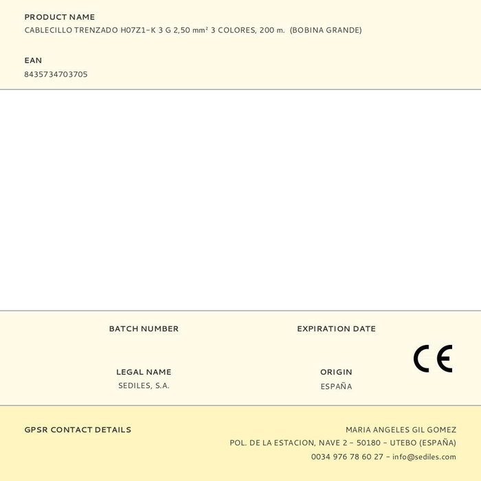 Sediles Cablecillo H07Z1-K 3G2,5 mm², 3 Colores, 200 m (Bobina Grande)
