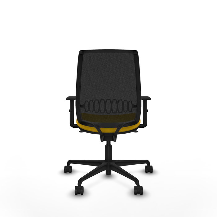 Silla de oficina Alares con mecanismo Sincro tapizada con Tela color Amarillo y malla color Negro. Equipada con lumbar 1D, Brazos 1D y Ruedas 65mm nailon