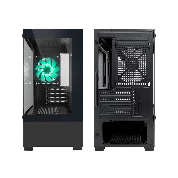 Coolbox Caja de Ordenador Gaming GM200 Vision Lite, Torre Compacta M-ATX/ITX, Cristal Templado, Compatible con Gráficas 280 mm, USB-C, Color Blanco/Negro, sin Fuente