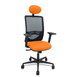 Silla de oficina Zulema con mecanismo Sincro tapizada con Tela color Naranja y malla color Negro. Equipada con lumbar 1D, Brazos 2D, Cabecero Fijo y Ruedas 65mm nailon