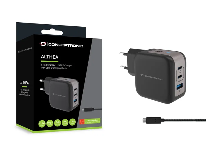Conceptronic ALTHEA17B Cargador de pared GaN de 67 W con 2 USB-C y 1 USB-A