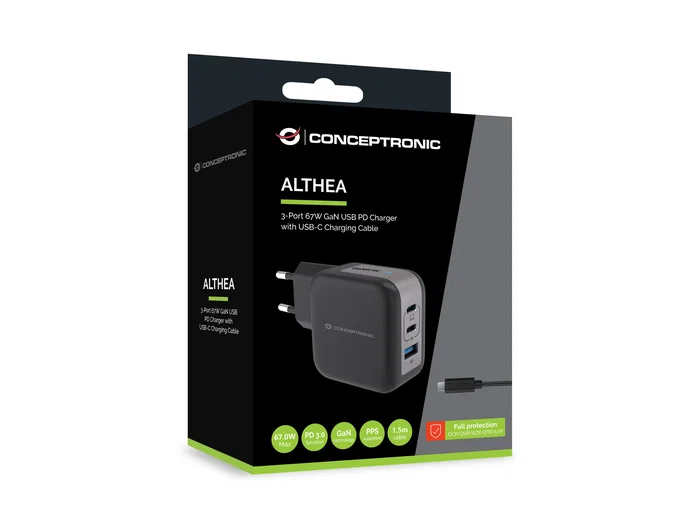 Conceptronic ALTHEA17B Cargador de pared GaN de 67 W con 2 USB-C y 1 USB-A