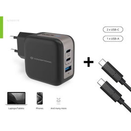 Conceptronic Althea17B Cargador de Pared 67W 3 Puertos (2x USB-C PD 3.0, 1x USB-A QC 3.0) con PPS y Enchufe EU - Negro