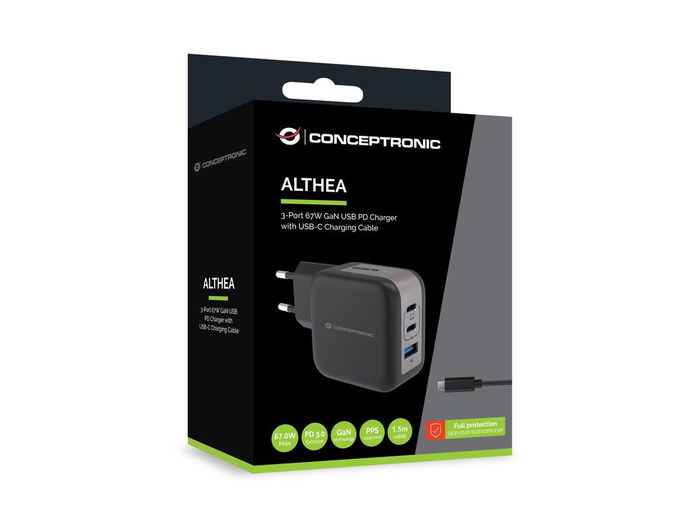Conceptronic Althea17B Cargador de Pared 67W 3 Puertos (2x USB-C PD 3.0, 1x USB-A QC 3.0) con PPS y Enchufe EU - Negro