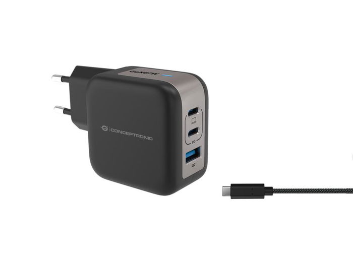 Conceptronic Althea17B Cargador de Pared 67W 3 Puertos (2x USB-C PD 3.0, 1x USB-A QC 3.0) con PPS y Enchufe EU - Negro