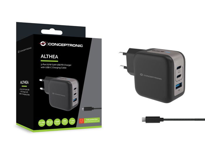Conceptronic Althea17B Cargador de Pared 67W 3 Puertos (2x USB-C PD 3.0, 1x USB-A QC 3.0) con PPS y Enchufe EU - Negro