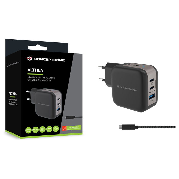 Conceptronic ALTHEA17B Cargador GaN de 67W con 3 Puertos (2x USB-C, 1x USB-A)