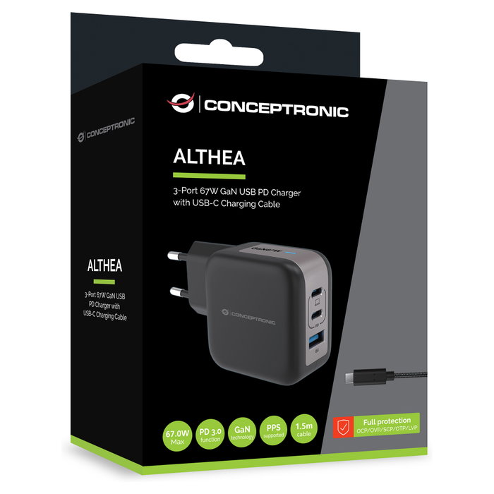 Conceptronic ALTHEA17B Cargador GaN de 67W con 3 Puertos (2x USB-C, 1x USB-A)