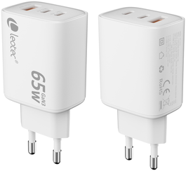 Leotec Cargador de Pared y Viaje Ultra Slim 65W con 2 USB-C PD y USB-A Blanco, Carga Rápida GaN