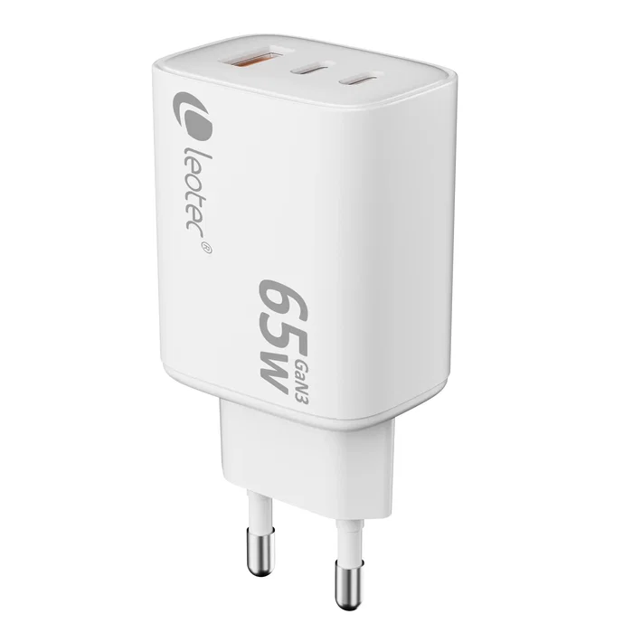 Leotec Cargador de Pared GaN 65W Ultra Slim 2xUSB-C PD + 1xUSB-A Blanco