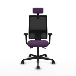 Silla de oficina Bormate con mecanismo Asincro tapizada con Tela color Morado y malla color Negro. Equipada con lumbar 1D, Brazos 2D, Cabecero 2D y Ruedas 65mm nailon