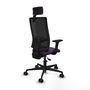 Silla de oficina Bormate con mecanismo Asincro tapizada con Tela color Morado y malla color Negro. Equipada con lumbar 1D, Brazos 2D, Cabecero 2D y Ruedas 65mm nailon