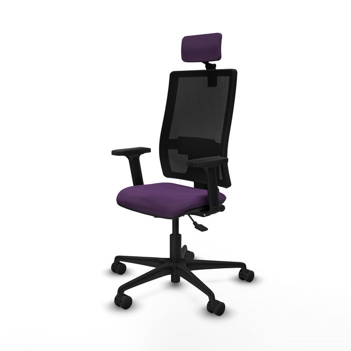 Silla de oficina Bormate con mecanismo Asincro tapizada con Tela color Morado y malla color Negro. Equipada con lumbar 1D, Brazos 2D, Cabecero 2D y Ruedas 65mm nailon