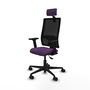 Silla de oficina Bormate con mecanismo Asincro tapizada con Tela color Morado y malla color Negro. Equipada con lumbar 1D, Brazos 2D, Cabecero 2D y Ruedas 65mm nailon