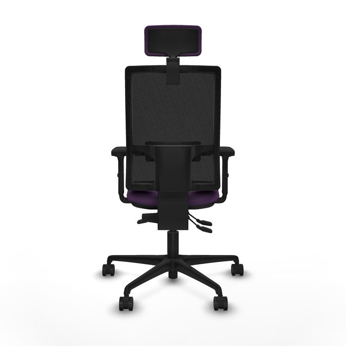 Silla de oficina Bormate con mecanismo Asincro tapizada con Tela color Morado y malla color Negro. Equipada con lumbar 1D, Brazos 2D, Cabecero 2D y Ruedas 65mm nailon