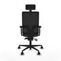 Silla de oficina Bormate con mecanismo Asincro tapizada con Tela color Morado y malla color Negro. Equipada con lumbar 1D, Brazos 2D, Cabecero 2D y Ruedas 65mm nailon