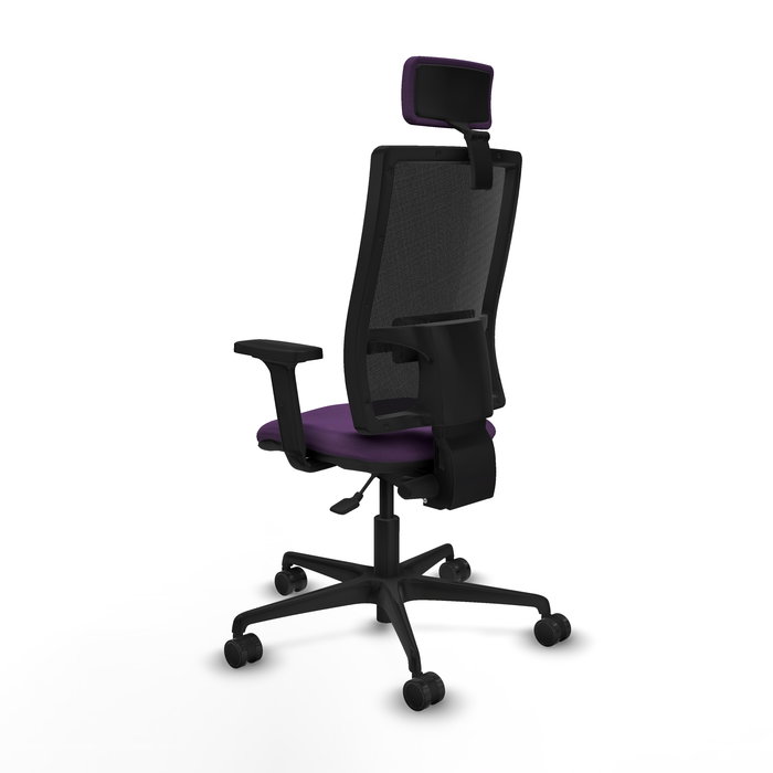 Silla de oficina Bormate con mecanismo Asincro tapizada con Tela color Morado y malla color Negro. Equipada con lumbar 1D, Brazos 2D, Cabecero 2D y Ruedas 65mm nailon