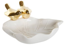 DKD Home Decor Bandeja Vaciabolsillos de Porcelana con Diseño de Pájaros, Blanco y Dorado
