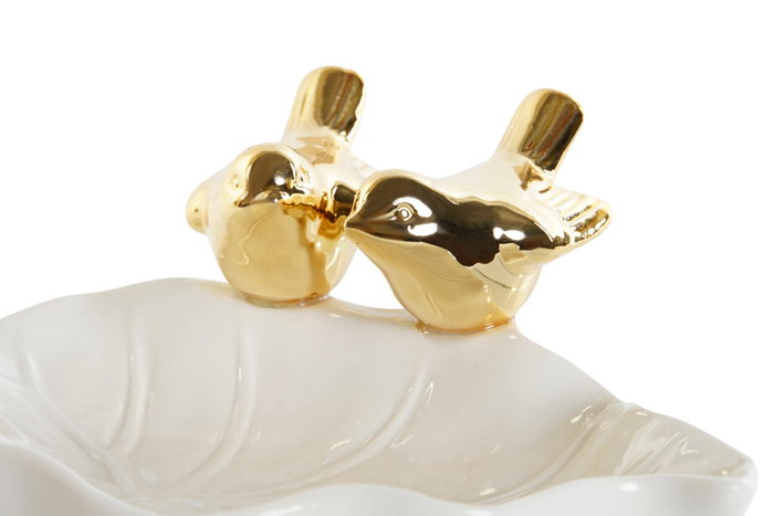 DKD Home Decor Bandeja Vaciabolsillos de Porcelana con Diseño de Pájaros, Blanco y Dorado