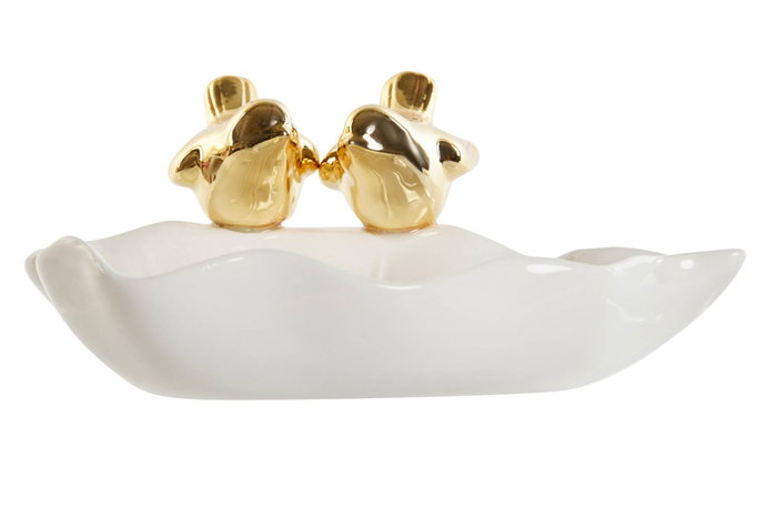 DKD Home Decor Bandeja Vaciabolsillos de Porcelana con Diseño de Pájaros, Blanco y Dorado