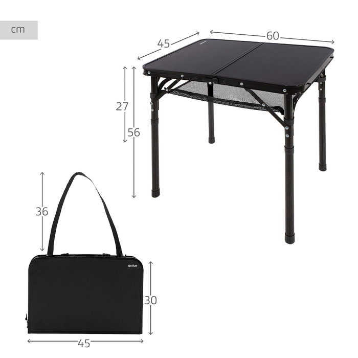 Aktive Mesa plegable camping pequeña ajustable en altura negra con red Aktive Mesa plegable camping pequeña ajustable en altura negra con red