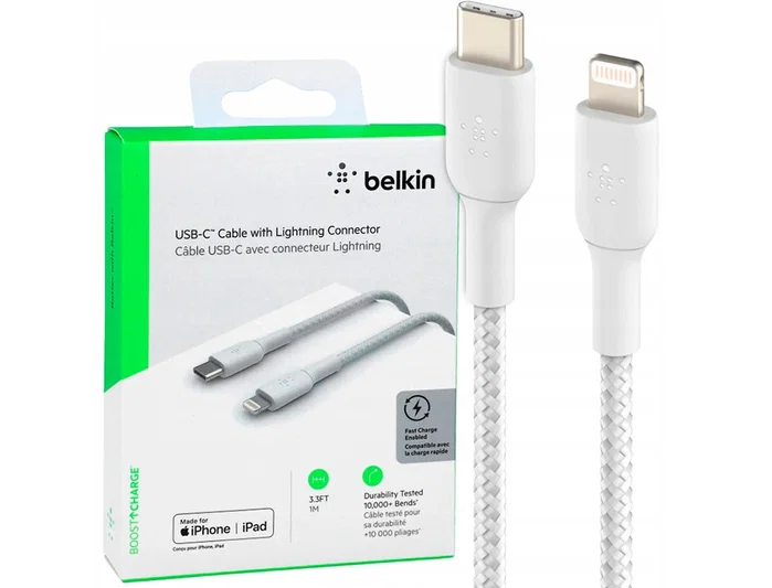 Belkin Boost Charge Cable USB-C a Lightning Trenzado 1m Blanco Belkin Boost Charge Cable USB-C a Lightning Trenzado 1m Blanco