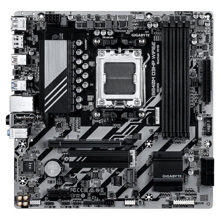 GIGABYTE B840M D3HP WIFI6E Placa Base ATX AM5, Chipset AMD B840, DDR5 hasta 8200 MHz (O.C.), 2x M.2 PCIe 4.0, Wi-Fi 6E, Bluetooth 5.3, USB 3.2 Gen 2, LAN 1GbE