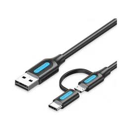 Vention CQDBD Cable USB 2.0 480Mbps 3A 50cm, Conectores USB-A Macho, Micro USB Macho y USB Tipo-C Macho, Negro