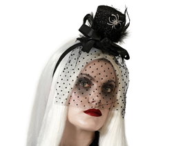 Atosa Sombrero Mini de Pailletes Negro con Velo y Araña para Disfraces de Bruja y Fiestas Góticas