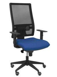Silla de oficina Horna con mecanismo Sincro tapizada con Tela color Azul marino y malla color Negro. Equipada con lumbar 1D, Brazos 1D y Ruedas de parqué