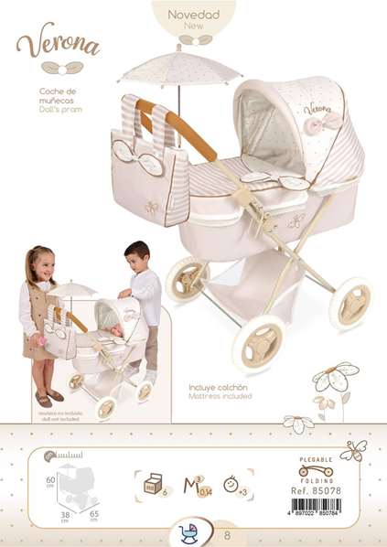 Decuevas Coche de Muñeca Plegable Verona con Sombrilla para Muñecas hasta 48 cm, Dimensiones 38x65x60 cm