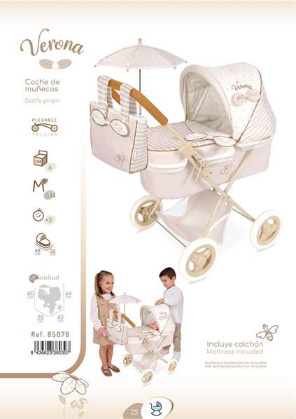 Decuevas Coche de Muñeca Plegable Verona con Sombrilla para Muñecas hasta 48 cm, Dimensiones 38x65x60 cm