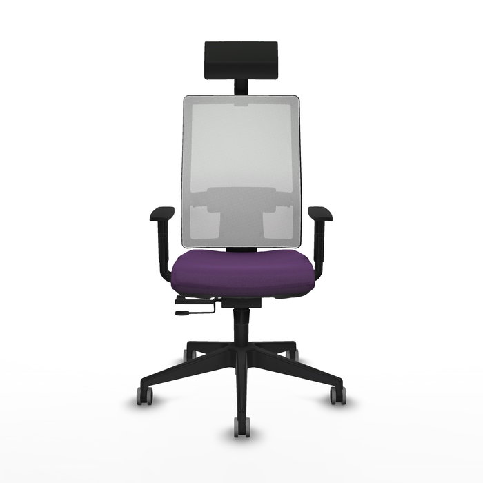 Silla de oficina Horna con mecanismo Sincro/Traslack tapizada con Tela color Morado y malla color Blanco. Equipada con lumbar 1D, Brazos 1D, Cabecero Fijo y Ruedas 65 mm parqué