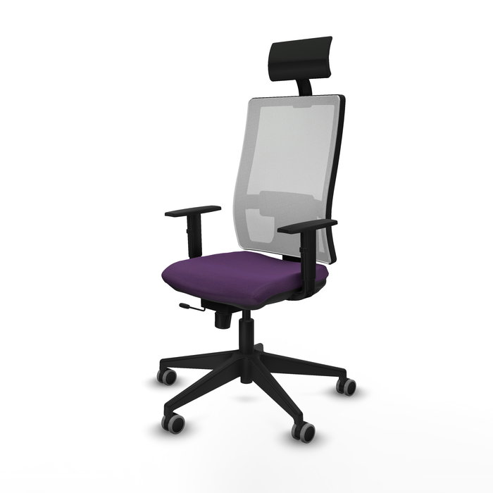 Silla de oficina Horna con mecanismo Sincro/Traslack tapizada con Tela color Morado y malla color Blanco. Equipada con lumbar 1D, Brazos 1D, Cabecero Fijo y Ruedas 65 mm parqué