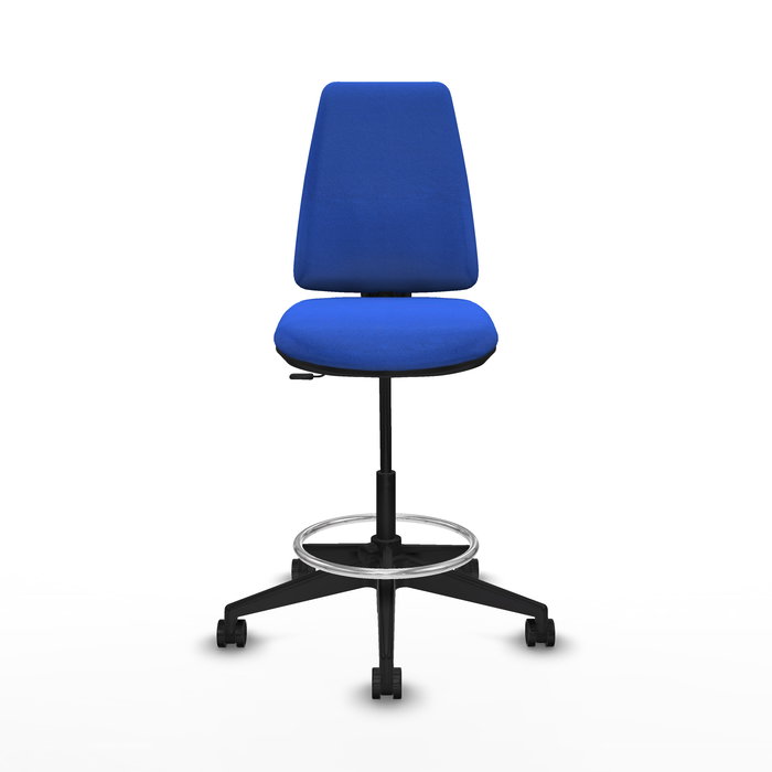 Taburete Elche con mecanismo Contacto permanente básico tapizada con Tela color Azul. Equipado con Base piramidal negra, Sin brazos y Ruedas 65mm nailon
