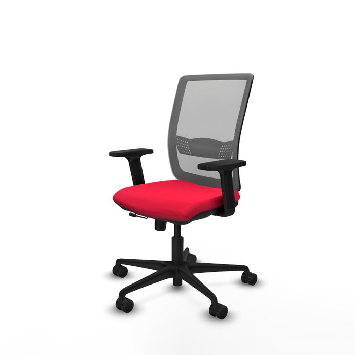 Silla de oficina Haches con mecanismo Sincro/Traslack tapizada con Tela color Rojo y malla color Gris. Equipada con lumbar 1D, Brazos 2D y Ruedas 65mm nailon