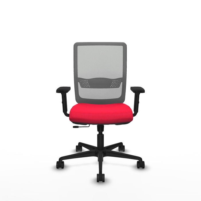 Silla de oficina Haches con mecanismo Sincro/Traslack tapizada con Tela color Rojo y malla color Gris. Equipada con lumbar 1D, Brazos 2D y Ruedas 65mm nailon