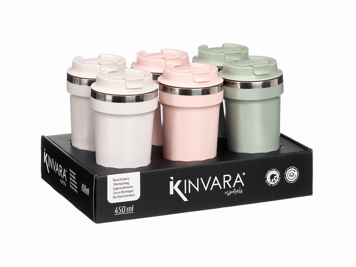 Kinvara Vaso Termico Tapa 450 ml Surtido Colores Claros Plastico/Metal 9x18x9 cm (Set de 12)