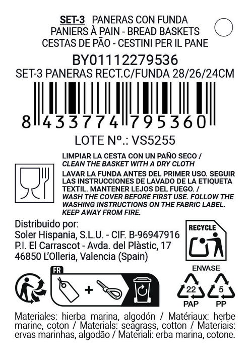 Inde Set de 3 Paneras Rectangulares con Funda 28 cm, 26 cm, 24 cm (8 Unidades)