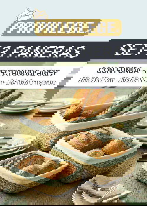 Inde Set de 3 Paneras Rectangulares con Funda 28 cm, 26 cm, 24 cm (8 Unidades)