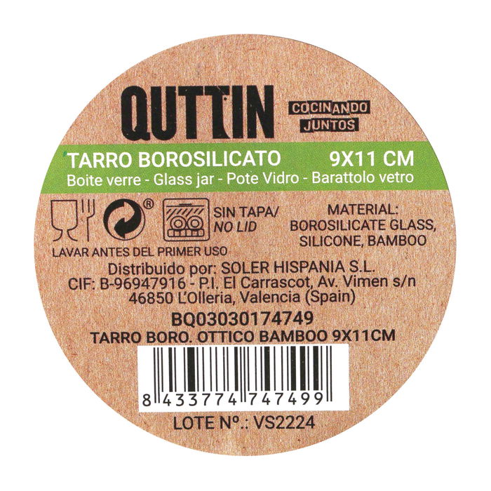 Quttin Tarro Óptico de Boro con Tapa de Bambú 9 x 11 cm 500 ml (12 Unidades)