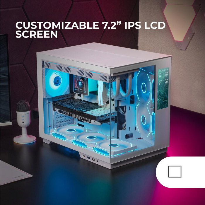 Mars Gaming MC-MIRAGE Caja Gaming Semitorre Blanca con Pantalla LCD IPS de 7,2 pulg. con Cristal Templado Panorámico
