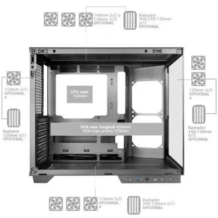 Mars Gaming Caja Gaming MC-MIRAGE ATX Blanca con Pantalla LCD IPS 7.2", Cristal Templado Panorámico, Doble Cámara y Soporte Refrigeración Líquida hasta 360 mm
