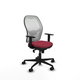 Silla de oficina Jorquera con mecanismo Sincro tapizada con Tela color Granate y malla color Blanco. Equipada con lumbar 1D, Brazos 1D y Ruedas 65mm nailon